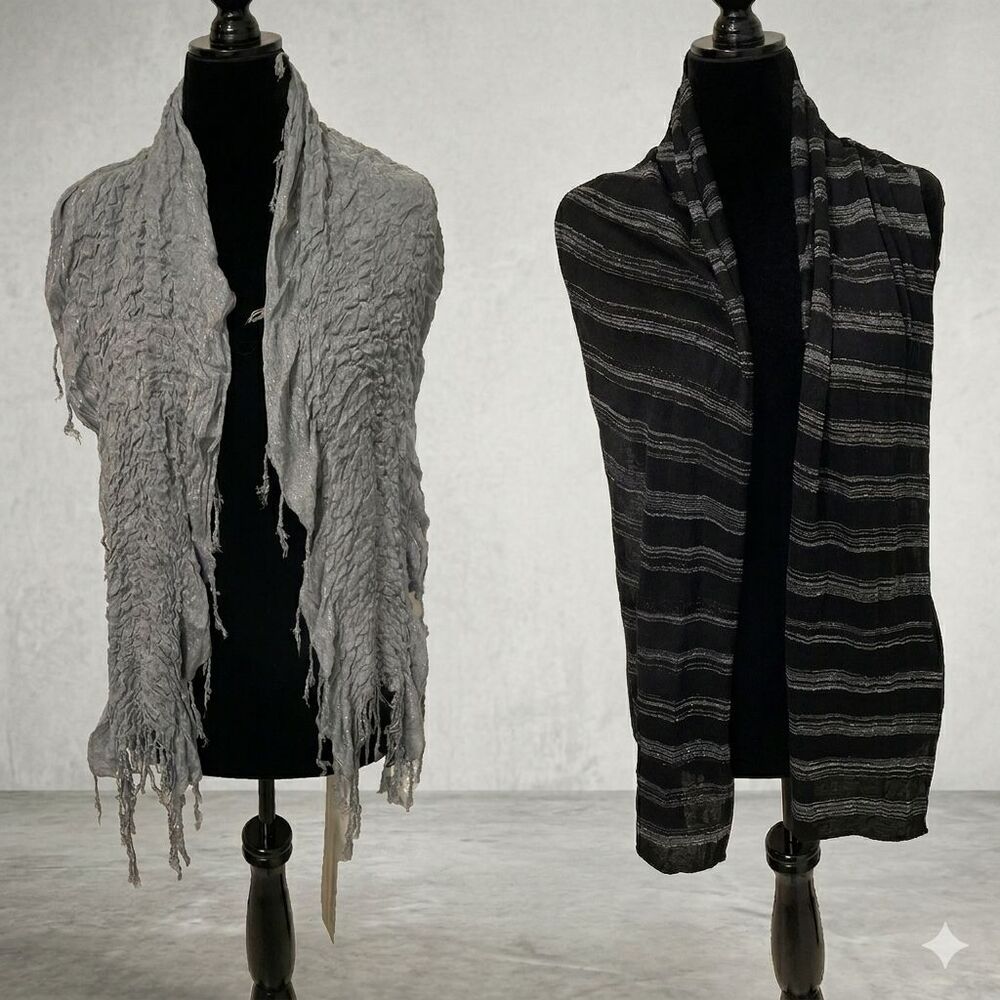 NWT  Lot of 2 Candies & Rue21 Metallic Scarves Silver Black Sparkle Boho Fringe
